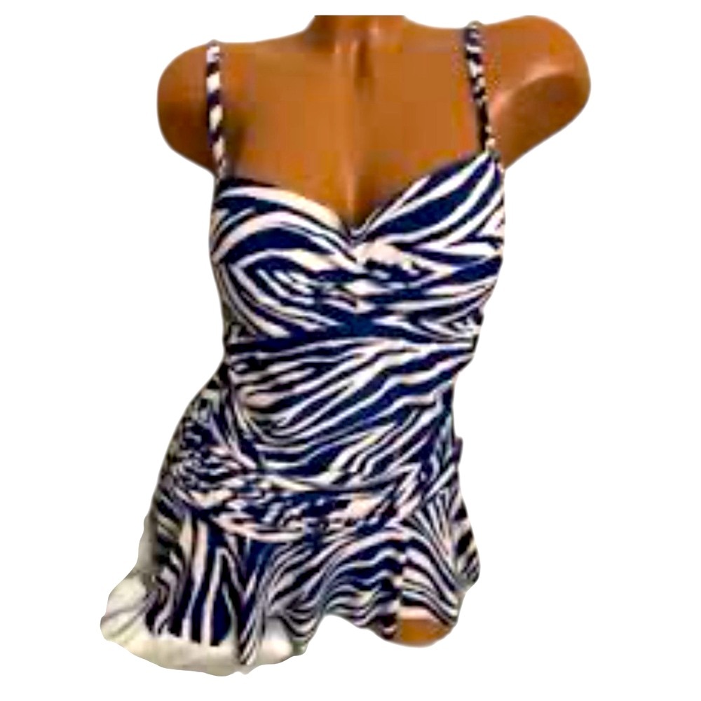 Chaps Skirted Pin Up One Piece Swimsuit Size 16 XL Zebra Print Blue White - Picture 2 of 16
